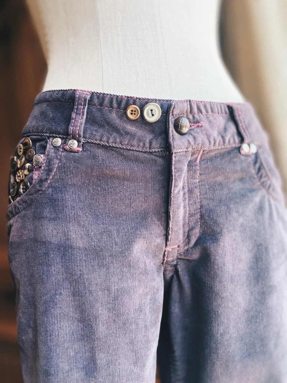 OOAK Artisan Repurposed Rocawear Plum Corduroy Flare Pants Vintage Buttons - Picture 2 of 13